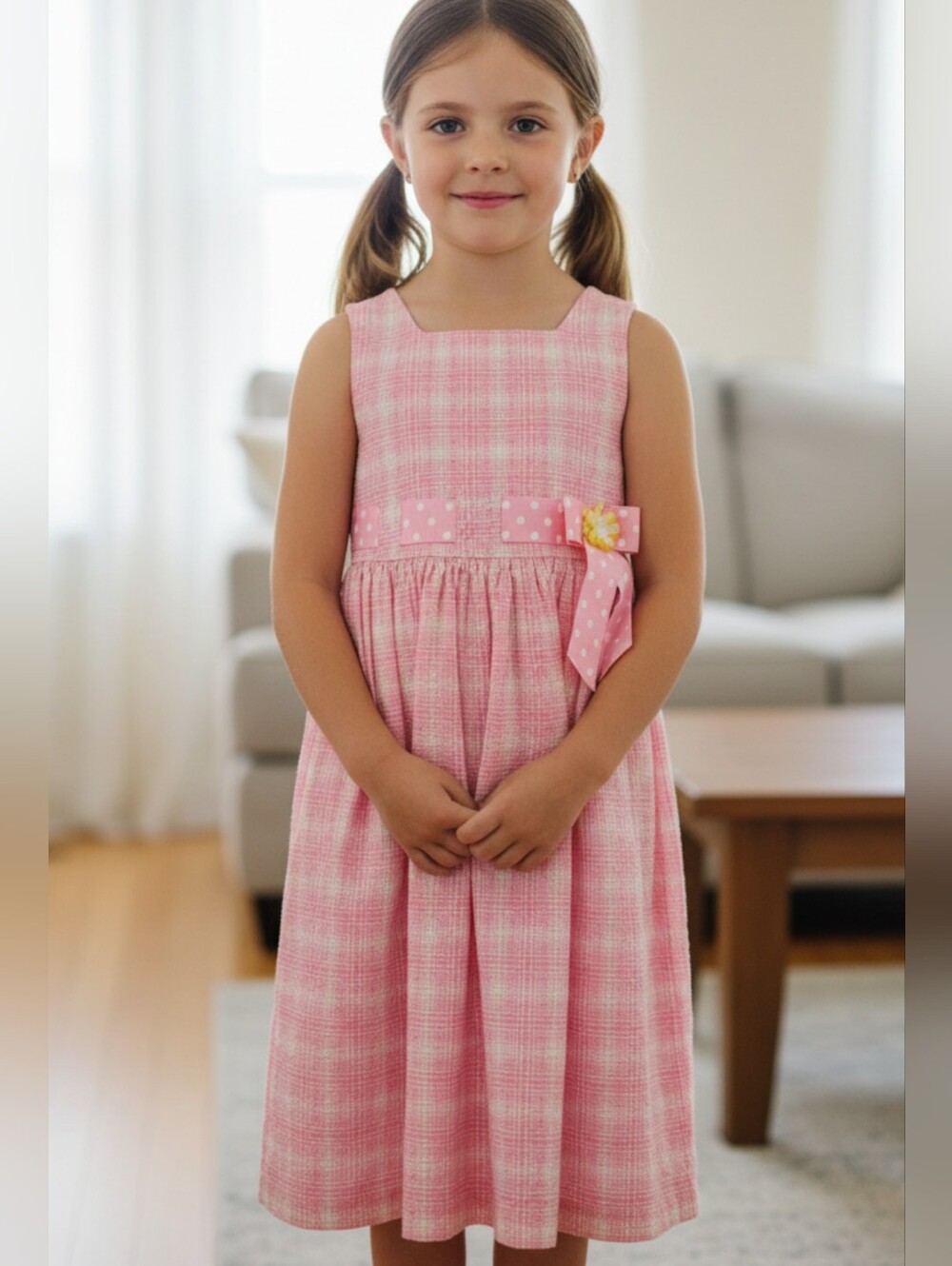 Bonnie Jean Pink Plaid Sleeveless Dress with Polka Dot Bow
